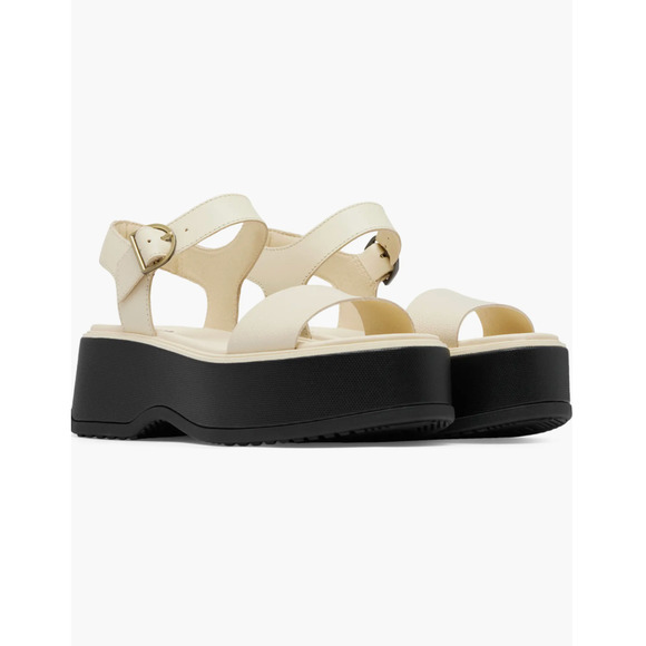 NEW Sorel Dayspring Platform Sandal Sz 11 Honey White Black Leather Ankle Strap - Picture 1 of 3